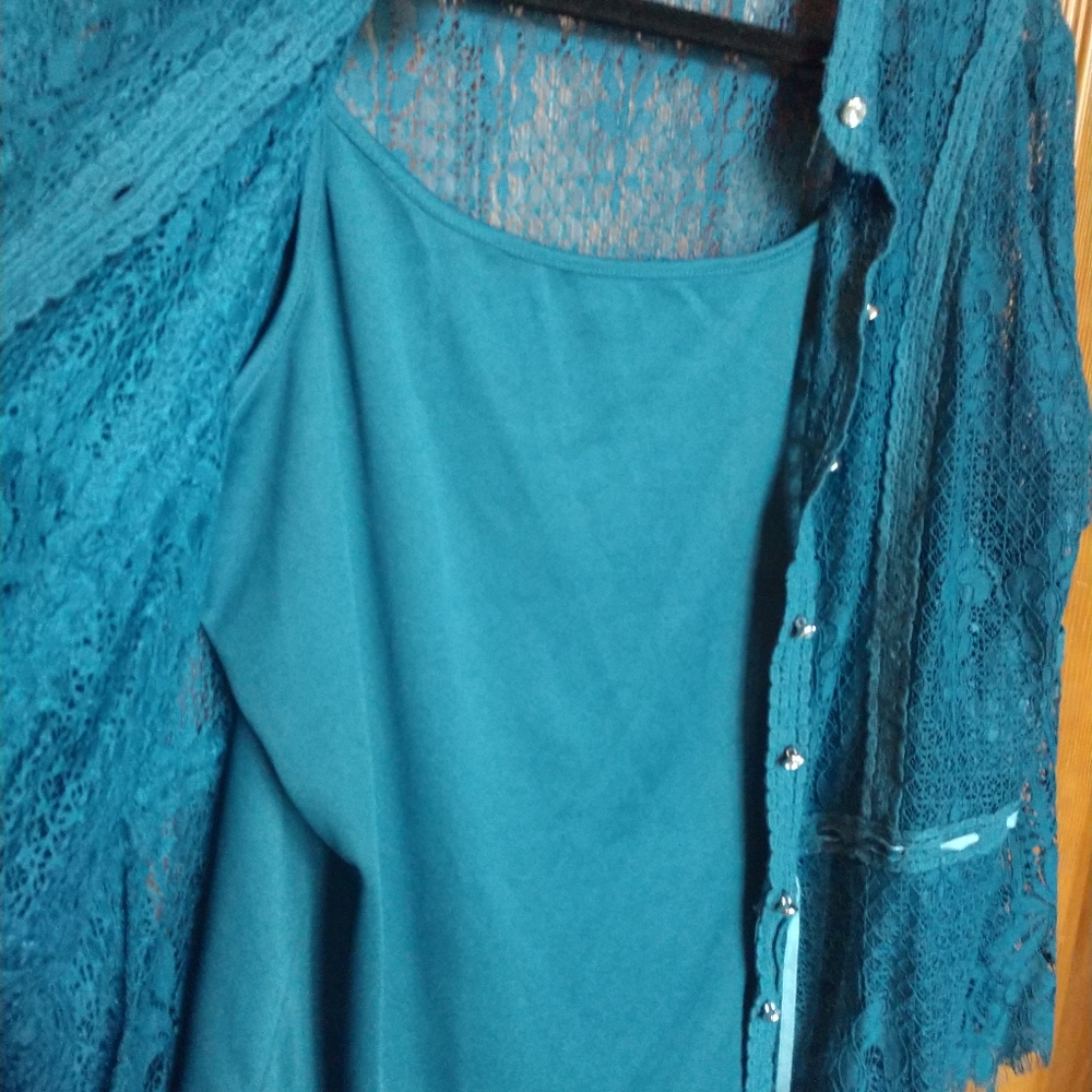 Colleen Lopez lace tunic jacket teal L new - Picture 7 of 8